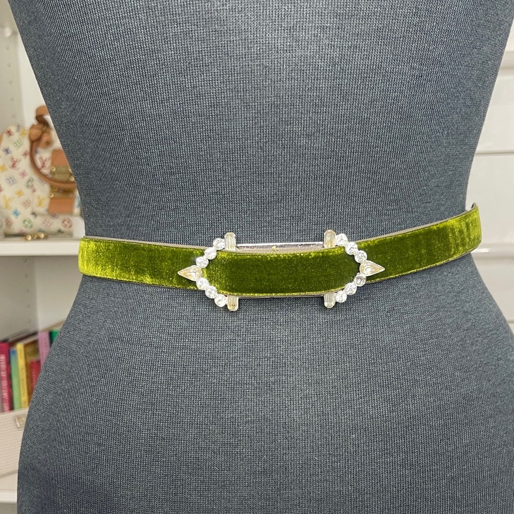 Vintage Green Velvet Belt with Rhinestone Buckle